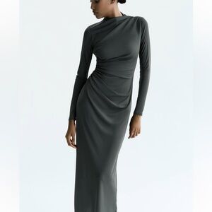 Zara Draped Midi Elegant Gray Long Sleeve Dress